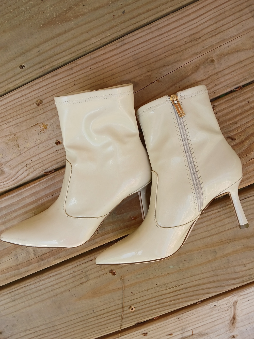 Jessica Simpson Cream Patent Pointed-Toe Ankle Booties